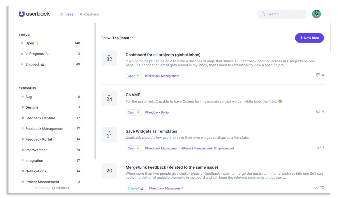 Userback Feature Portal main view