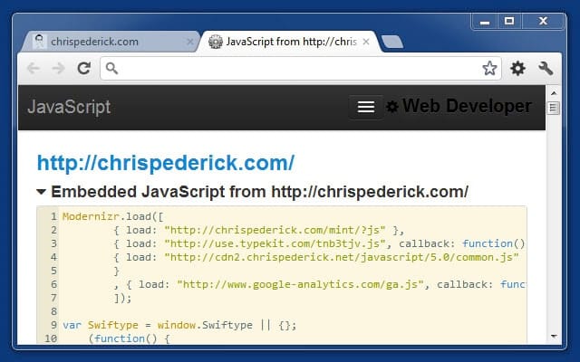 A snippet of javascript within a browser window.