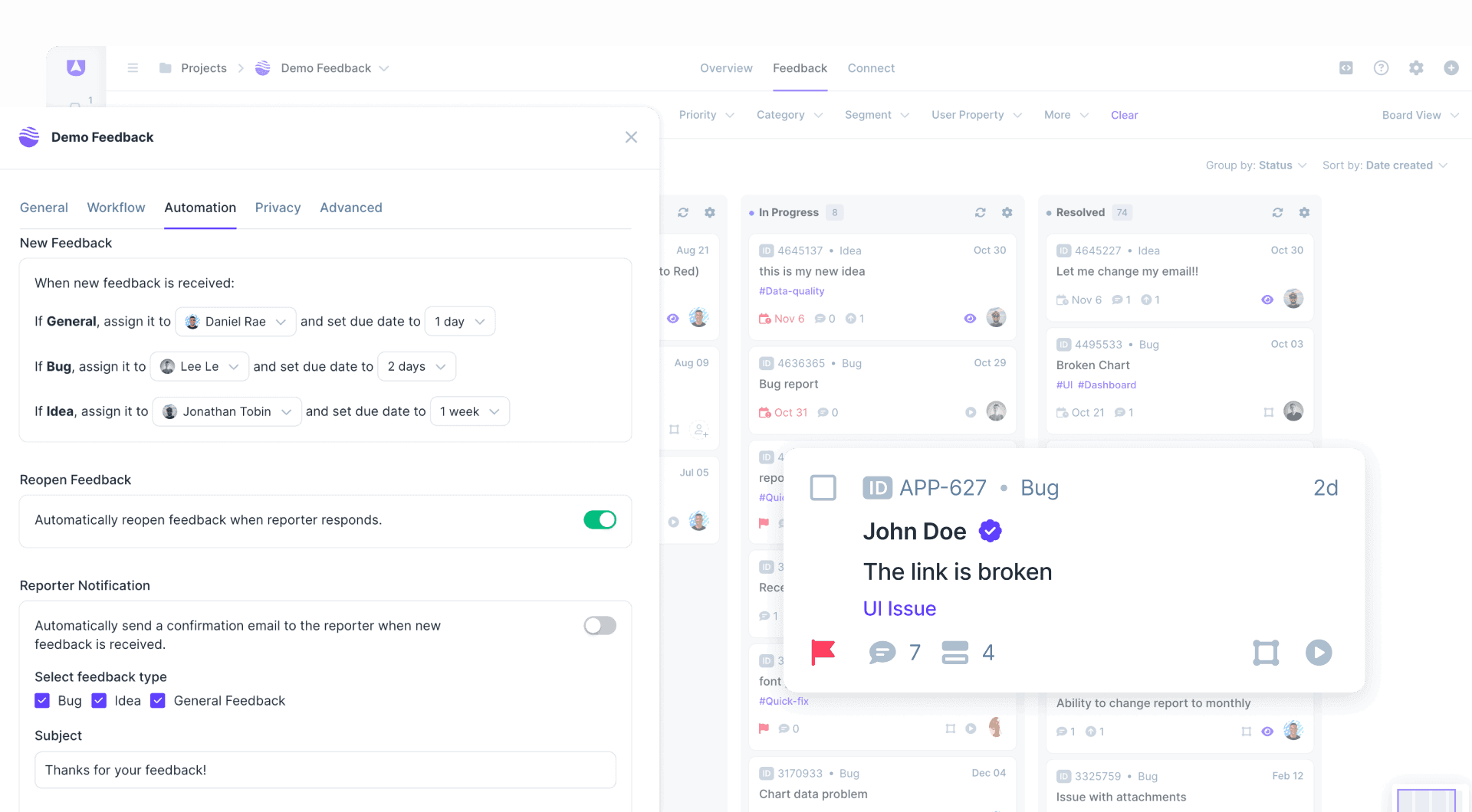 Userback feedback automation manage