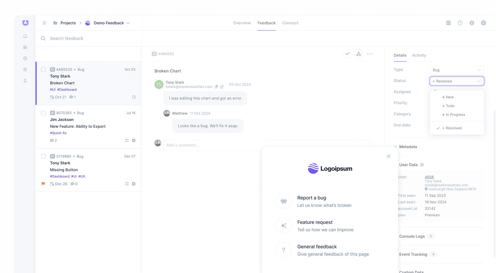 Userback user identification customer support