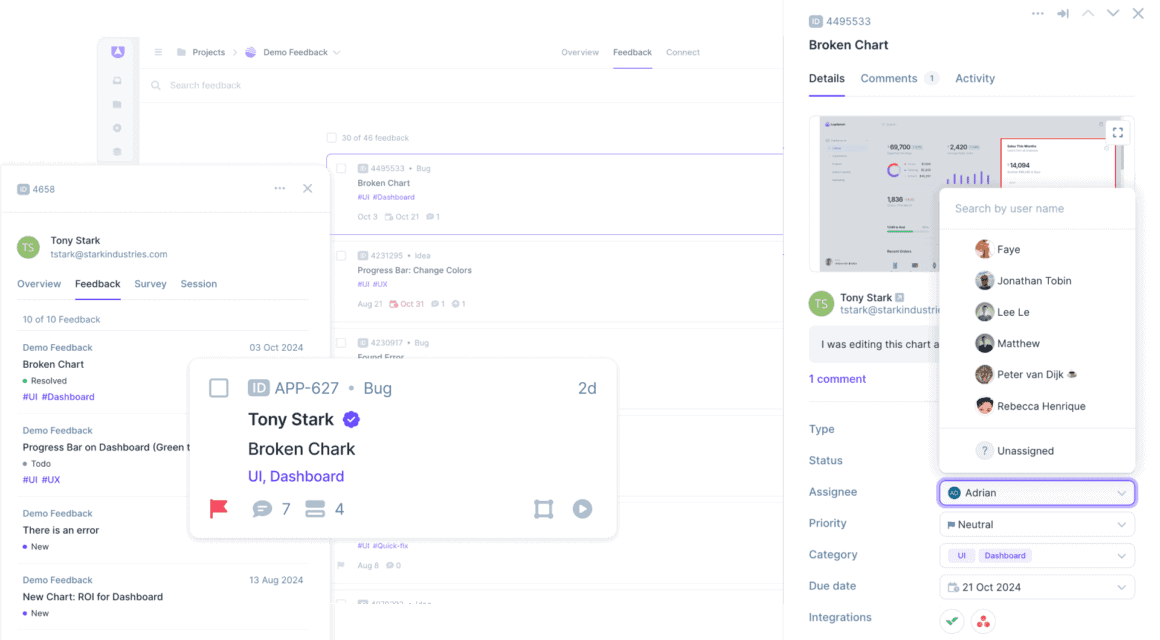 Userback user identification linked feedback